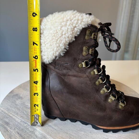 Sorel Conquest Wedge II Shearling Lace Up Boots Brown Leather Size 8 - Picture 12 of 12